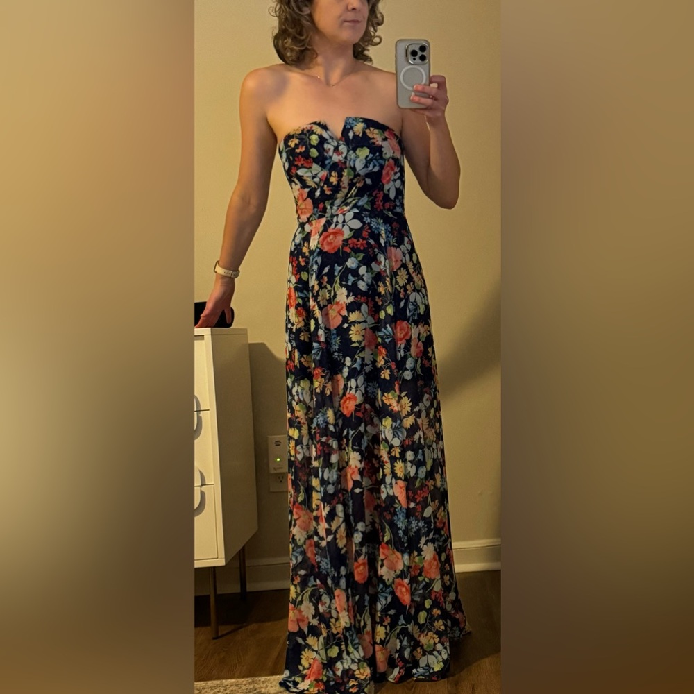 FALL WEDDING GUEST Yumi Kim Blue Floral Maxi Strapless Dress